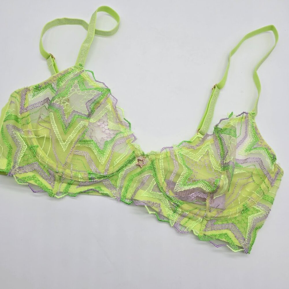 Savage X Fenty Lime Green Star Mesh Bra 32D Sheer Plunge - Picture 7 of 13